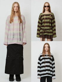 正規品【 CRANK DAMAGED STRIPE KNIT 】 クランク ダメージストライプニット トップス ダメージ加工 ニット セーター 長袖トップス 秋服 冬服 Pressing pressing プレッシング プレッシングウェブショップ vandy the pink tripp nyc unknown london oy オーワイ supplier