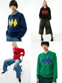 正規品【 ESC STUDIO v-neck damage argyle knit 】 イーエスシースタディオ トップス 長袖 長袖トップス ニット ダメージニット Vネックニット ニットトップス カラーニット Pressing pressing プレッシング プレッシングウェブショップ