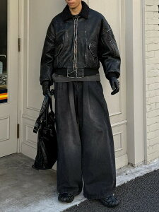 󒍐yChikashitsu +zcropped shearing leather bomber jacket