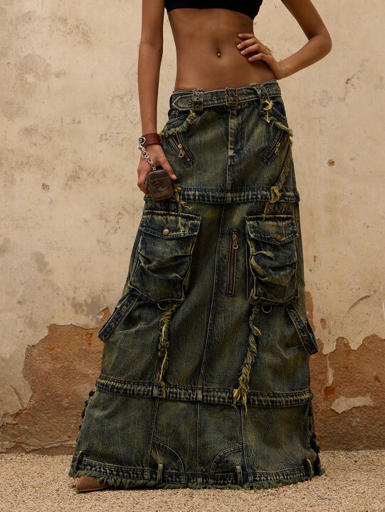 楽天市場】正規品【PERSONSOUL Three-Stage Maxi Denim Skirt】韓国 
