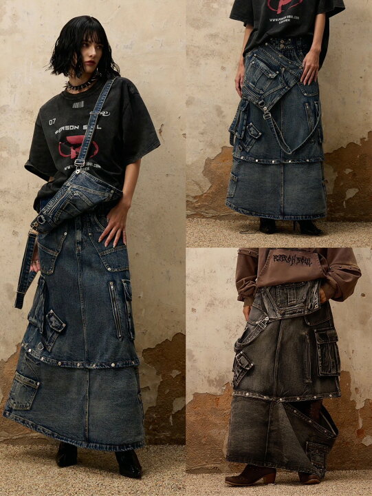 楽天市場】正規品【PERSONSOUL Maxi Denim Dungarees Skirt】韓国 
