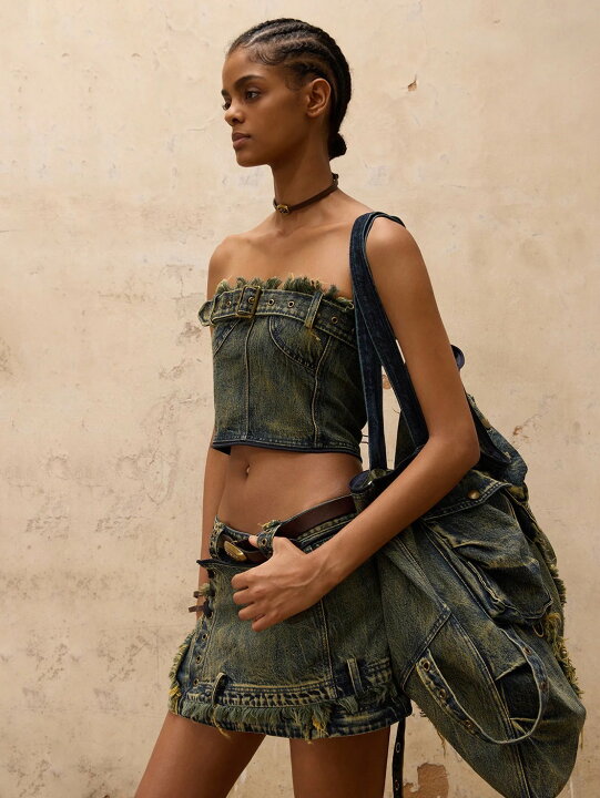 楽天市場】正規品【PERSONSOUL Three-Stage Maxi Denim Skirt】韓国  