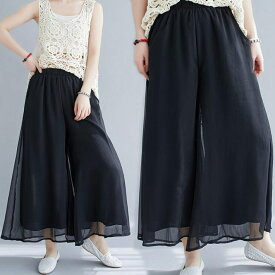 シフォンワイドパンツ　ワイド　ワイドチノ　ガウチョパンツ ワイドパンツ　ウエストゴム ガウチョ スカーチョ スカンツ フレア　揺れる　レディース　ハイウェスト　レディース　春　夏