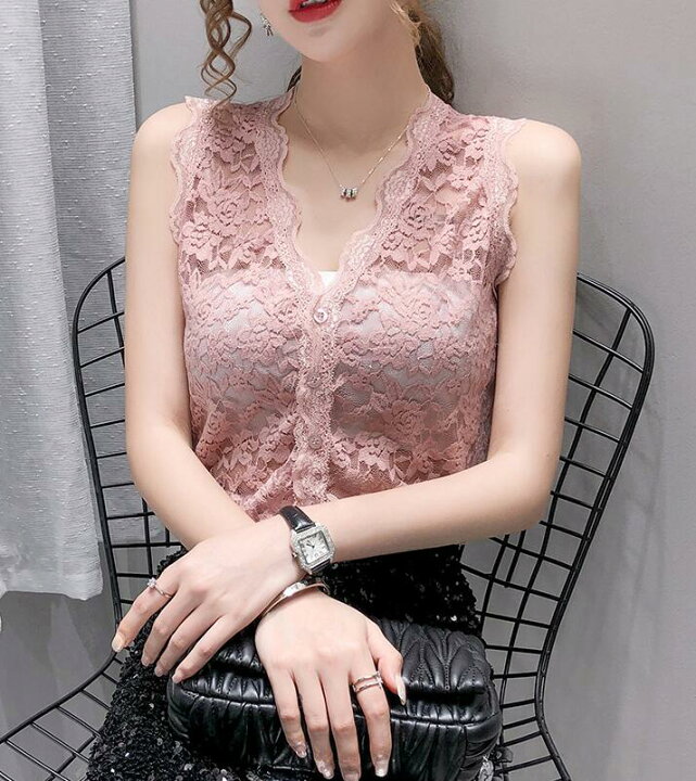 楽天市場】レースタンクトップ 刺繍 フリル ノースリーブ レースネック 