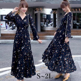 フラワーワンピース　フリルワンピース　ワンピース　フレア　フレア袖　ギャザーワンピース フラワー　ロング　マキシ丈　 Aライン 　体型カバー 長袖　着やせ　大きいサイズ オシャレ　S M L 2L