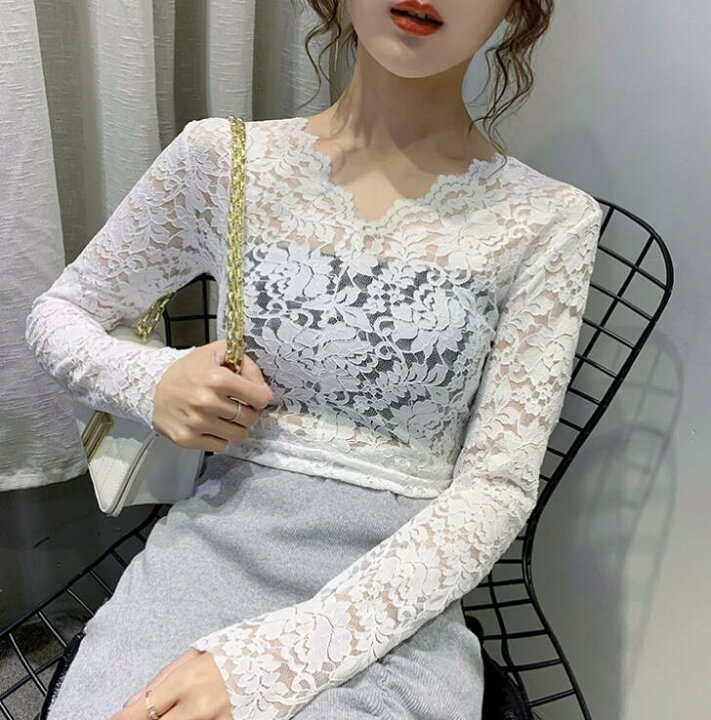 楽天市場 レースインナー レースカットソー レース 花柄 刺繍 下着 トップス レディース カットソー 透け 長袖 Vネック レディース 透け 春 秋冬 S M L 2l 3l Pretty Girl