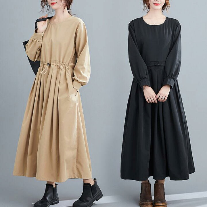 楽天市場 マキシワンピース ボリューム袖 ワンピ ポケット ウエスト紐 無地 ロングワンピース 大人 レディース ロング丈 細身 着痩せ ミディアム丈 春 秋 冬 カジュアル Pretty Girl