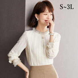 ブラウス　花柄ブラウス　シースルー　レース 　フレア袖　花柄インナー　トップス　 レディース　カットソー　フリルネック　重ね着　長袖 　透け　春　秋　S　M　L　2L　3L