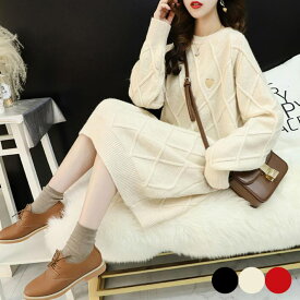 ニット　セーター　ニットワンピース　クルーネック　ゆるニット　ハート　レディース　チュニック　ロングニット　トップス　 長袖　 大きめ　体型カバー　オーバーサイズ　カジュアル　おしゃれ 無地 春秋冬