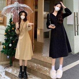ワンピース　レディース　コーデュロイ 長袖　Vネック　コーデュロイワンピース　ロングワンピース　ウエストマーク　ロング丈 膝丈 ミディアム 　大きいサイズ　春　秋