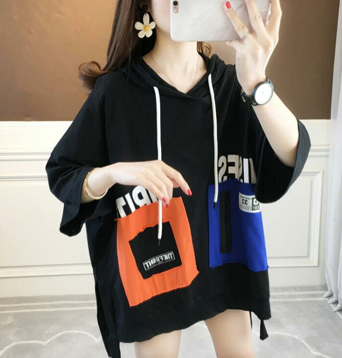 楽天市場 Tシャツ レディース パーカー 半袖 フードvネック スリット ロゴ プリント プルオーバーパーカー トップス ロングt ゆったりtシャツ 大きいサイズ シンプル 夏 M L 2l Pretty Girl