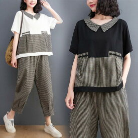 2点セット　セットアップ　リネン　綿麻混　Tシャツ　パンツ　トップス　ボトムス　サルエルパンツ　半袖　ウエストゴム　レディース　チェック　楽チン　大きいサイズ　夏　L　2L　3L