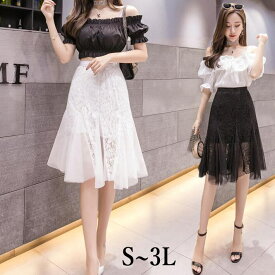スカート　刺繍　レース 花柄　シースルー　フリル ミニ 膝丈 ハイウエスト　細見え　きれいめ　大きいサイズ　カジュアル　お洒落　デート　オフィス　OL　S　M　L　2L　3L