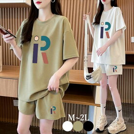 セットアップ レディース Tシャツ パンツ 2点セット 半袖 ショート 夏 ミニ トップス ボトムス 英文字 プリント ルームウエア スポーツ ウォーキング　部屋着 大きサイズ M L 2L