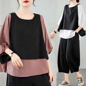 3点セットアップ　Tシャツ　ベスト　パンツ　フィッシュテール　半袖　7分袖　ボトムス　レディース　トップス　ゆったり大きいサイズ 夏