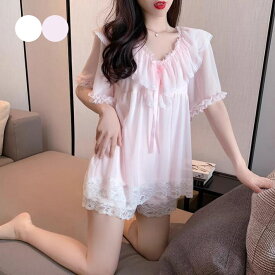 パジャマ 2点セットアップ 上下セット　レディース 　セクシー レース　花柄　フリル　リボン　ショートパンツ ナイトウェア　ルームウェア　室内着　可愛い　キレイめ　姫系　大きサイズ 薄手 薄地　春 夏