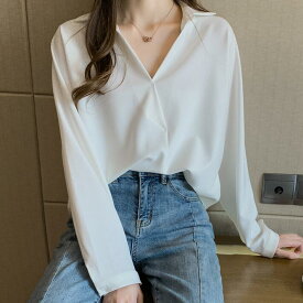 ブラウス レディース　シャツ　長袖 　深Vネック　シフォン　トップス　カジュアル　フォマール　オフィス　通勤 シンプル　大きいサイズ　春　秋　S M L　2L　3L
