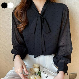 ブラウス　レディース　シフォン　シャツ ボウタイ　リボン　フェミニン きれいめ 可愛い　胸元 長袖　 大きいサイズ　透け　卒業式 卒園式 オフィス　OL おしゃれ　薄手 　春　秋　S M L　2L