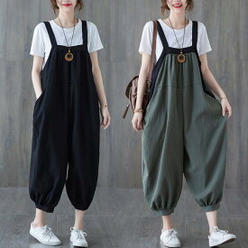 サロペット パンツ レディース オールインワン パンツ サルエル　リネン　綿　麻　リネン混　マタニティ きれいめ　楽ちん　ゆったり　 ワイドパンツ　オーバーオール　 体型カバー 大きいサイズ 春夏秋　L　2L