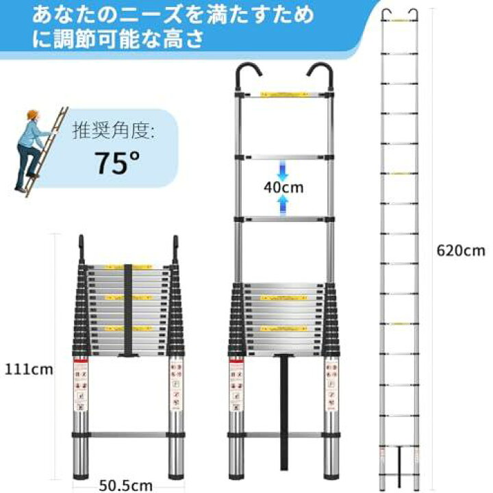 楽天市場】DayPlus 伸縮はしご 最長6.2m 折り畳み伸縮梯子 多機能 