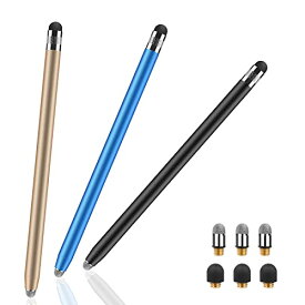 【送料無料】タッチペン Mixoo スタイラスペン 導電繊維製ペン先＆シリコンゴムペン先 2Wayモデル 3本セット 交換式 ペン先6個付き ipad iphone Androidスマートフォン タブレット対応 アルミ本体（黒＋青＋ゴールド）