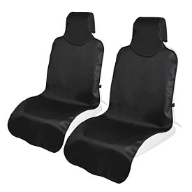 TanYooカーシートカバー 防水シートカバー 前席用 軽/普通車適用 ずれにくい ヘッドレスト部と座面部一体化 エプロンタイプ シート保護 バックル付き 継ぎ目強化改良 ブラック フロント 2枚 (2PCS)