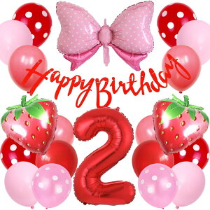 Lausatek バルーン 誕生日 2歳 風船セット HAPPY BIRTHDAY バースデー ガーランド バースデー 飾り付け 数字2 いちご 蝶結び 装飾 お祝い イベント 子ども 男の子 女の子 赤 レッド