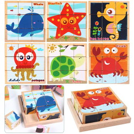 【送料無料】【AAGWW】キューブパズル 3D立体パズル 立体パズル玩具 六面画 9個の木の塊 遊び方多様 かいよう動物 木製積み木 知育玩具 木製玩具 誕生日プレゼント セット 誕生日プレゼント 人気 教育（6種類の絵-クジラ、ヒトデ、海馬、タコ、ウミガメ、カニ）