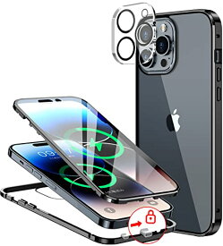 WEIYUN iPhone14 pro用 ケース「レンズ保護フイルムを贈」2点セット「ロック式」 「9H強化両面ガラス」 360°全面保護 アルミ バンパー マグネット式 フルカバー 高タッチパネル感度 取り付けやすい 耐衝撃 アイフォン14 プロ ケース ワイヤレス充電対応 6.1インチ (ブラッ