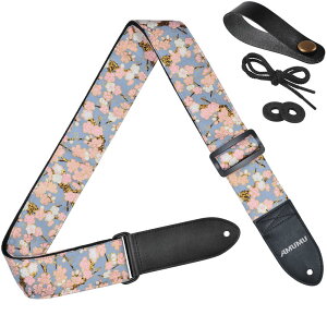 [Amumu] Cherry blossoms Guitar Strap, Pink Floral Print Cotton Guitar Straps with Genuine Leather Ends for Bass, Electric & Acoustic Guitars, Come with Free Headstock Button and Strap Blocks