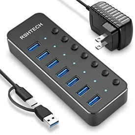 【送料無料】RSHTECH USBハブ 3.0 電源付き 7ポート 2023 改良 2 in 1 ケーブル 付きUSB Hub アルミ製 5Gbps高速転送 セルフパワーとバスパワー両用 5V 3A 電源 独立スイッチ付き