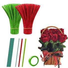 seimeinoki 手芸モール 赤色＊100本＋緑色＊100本 造花 花束 ギフト 手作りキット お花 モールアート ワイヤーアート 手芸素材 工作モール 人工花茎とフラワーテープ付き 記念日/誕生日/母の日/バレンタインデー 贈り物 DIY手作り用 (赤)