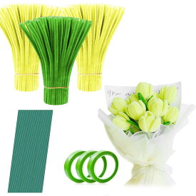 seimeinoki 母の日ギフト 手芸モール 黄色＊200本＋緑色＊100本 造花 花束 ギフト 手作りキット お花 モールアート ワイヤーアート 手芸素材 工作モール 人工花茎とフラワーテープ付き 記念日/誕生日/母の日/バレンタインデー 贈り物 DIY手作り用 (黄色)