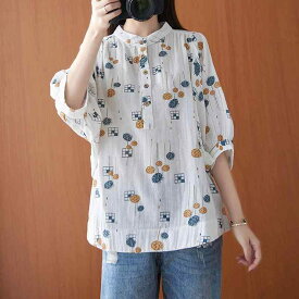 シンプル 文学数 独 プリント コットンガーゼ シャツ レディース 通気性 快適 たり ナチュラル バット スリーブ コットン ソフト