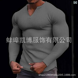 Tシャツ メンズ 長袖 Vネック 華夫格 ワッフル トップス カットソー カジュアル 部屋着 普段使い 快適 シンプル 無地 プルオーバー アセテート 春秋 ブラック 灰色 カーキ オレンジ系 伸縮性 軽量 通気性 紳士 男性用