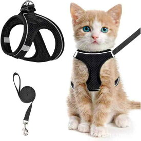 猫用 ハーネス リード セット 通気性素材 夜間反射 脱走防止 ポリエステル製 軽量 散歩グッズ 室内外対応 ブラック 赤 ピンク グリーン パープル グレー ブルー イエロー(x2)