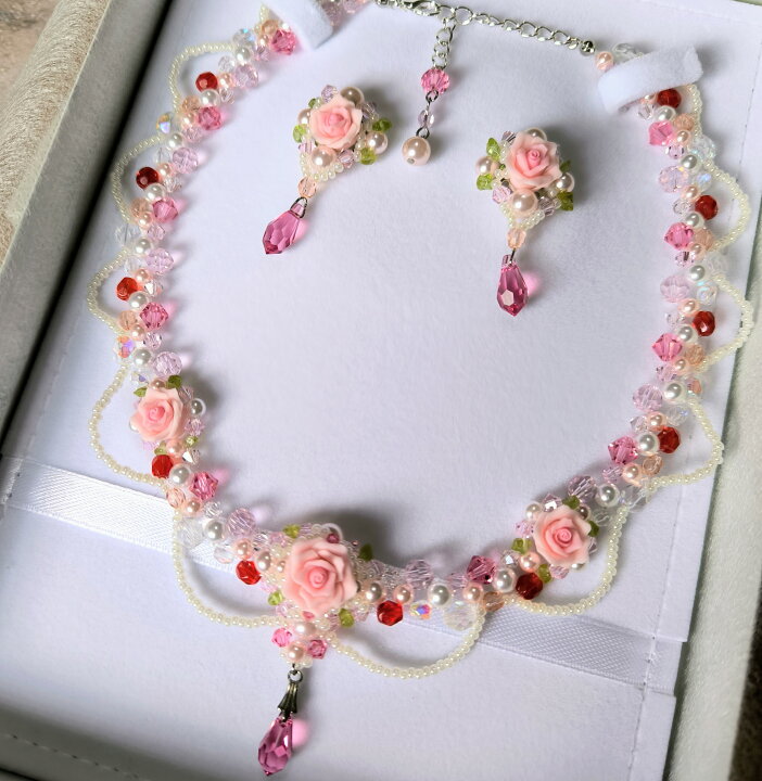 楽天市場】Colorfulピンク薔薇のネックレスセット ピアス イヤリング 