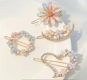 髪の毛に花飾り!お花のヘアアクセサリー4種類セット ヘアピン バレッタ 髪飾り アクセサリー 花 ヘッドドレス ヘアアクセサリー 結婚式 発表会 ピアノ プレゼント ロングヘアー