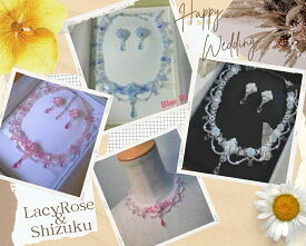 3色レーシーなフィモ薔薇のネックレスとピアスかイヤリングのセット 完成品 手作りビーズ 花嫁 ハンドメイド オリジナルアクセサリー 結婚式 パーティー 樹脂粘土ローズ ブライダルセット ウェディングネックレス