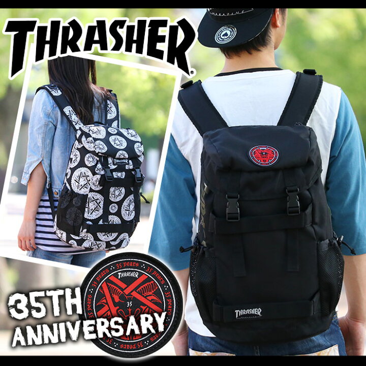 楽天市場 完売 リュック Thrasher スラッシャー 送料無料 フラップリュック 黒リュック デイパック バックパック リュックサック ラババン ラバーバンド 大容量 スケーター 35周年 アニバーサリー メンズ レディース 通学 通勤 Thr35th 502 バッグ リュック 財布の