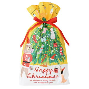 【1袋】巾着袋 クリスマスベアラーリボン付PEギフトバッグ-M(20枚) 00414337 プロステ