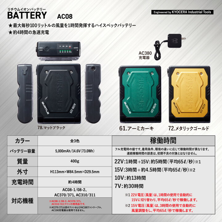 楽天市場】バートル エアークラフト ファン バッテリー セット AC08 