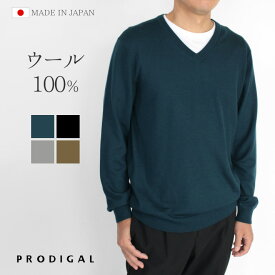 PRODIGAL メンズ セーター vネック ウール100% 日本製 M L 秋 冬 ニット 長袖 無地 五泉ニット ウール100％メンズVネックプルオーバー