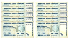 【品質保証書付き】 ジンバブエドル 1000億ドル 10枚 スペシャルアグロチェック ジンバブエ紙幣 鑑定済 本物紙幣の保証 2008年 AA AB番号