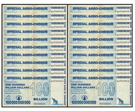 【品質保証書付】 ジンバブエドル 1000億ドル 20枚 スペシャルアグロチェック ジンバブエ紙幣 鑑定済 本物紙幣の保証