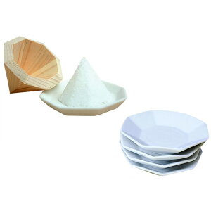 盛り塩 盛塩 風水 開運 神棚の里 八角ヒノキ固め器 八角盛り塩器+盛リ塩 皿セット 素焼き八角皿3寸 5枚セット【クーポンあり】【あす楽】