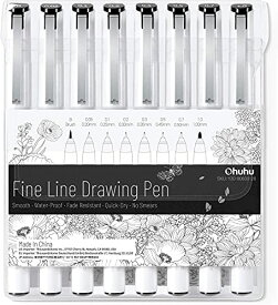 Ohuhu ミリペン 製図ペン 8本セット ファインラインペン ラインドローイングペン 線幅0.05～1.0mm ブラシタイプ 水性 サインペン 漫画用ペン スケッチペン イラストペン 防水 黒