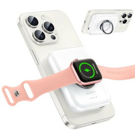 RORRY 【業界進化！magsafe対応モバイルバッテリー・スマホリング＆スタンド機能付】For Apple Watch充電器 ワイヤレス充電 5000mAh iPhoneとIWatch同時充電 小型 持ち運び便利 パススルー充電 急速 PSE認証済iPhone 15/14/13/12/Apple Watch Ultral2/Ultral/Series9/8/