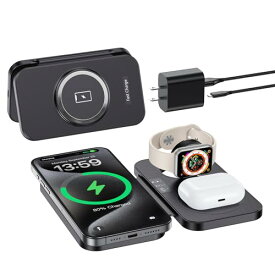 3in1 mag-safe充電器 ワイヤレス充電器 折り畳め applewatch充電器 iPhone/アップルウォッチ/ワイヤレスイヤホン同時充電 iPhone 15 14 13 12 Pro Max/Plus/Pro/Mini,iWatch Ultra2/Ultra/9/8/7/SE/6/5/4/3/2, QC3.0アダプター USB-Cケーブル付き 充電スタンド/パッド