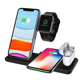 ワイヤレス充電器 4in1 iPhone充電器 Apple Watch Airpods/Pro充電 iPhone 15/14/13/12/11/X/XS/XR/8/8Plus, Samsung Galaxy S23/S22/S21/S20/S10/Note10/Note9などQi端末対応 5W/7.5W/10W/15W出力 充電スタンド 急速充電 折り畳み式 黒